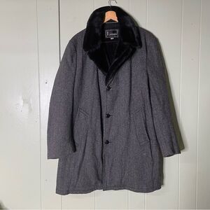 Vintage 60's Gray Herringbone Wool Tweet Coat Faux Fur Lining‎ Collar Men’s 42